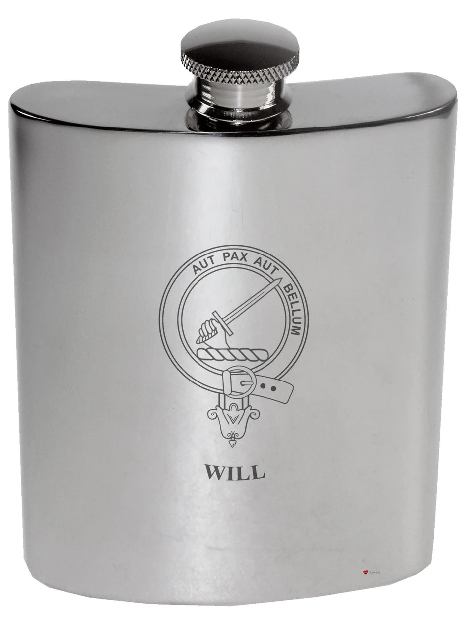 Will Family Crest 6oz Polished Pewter Kidney Flask