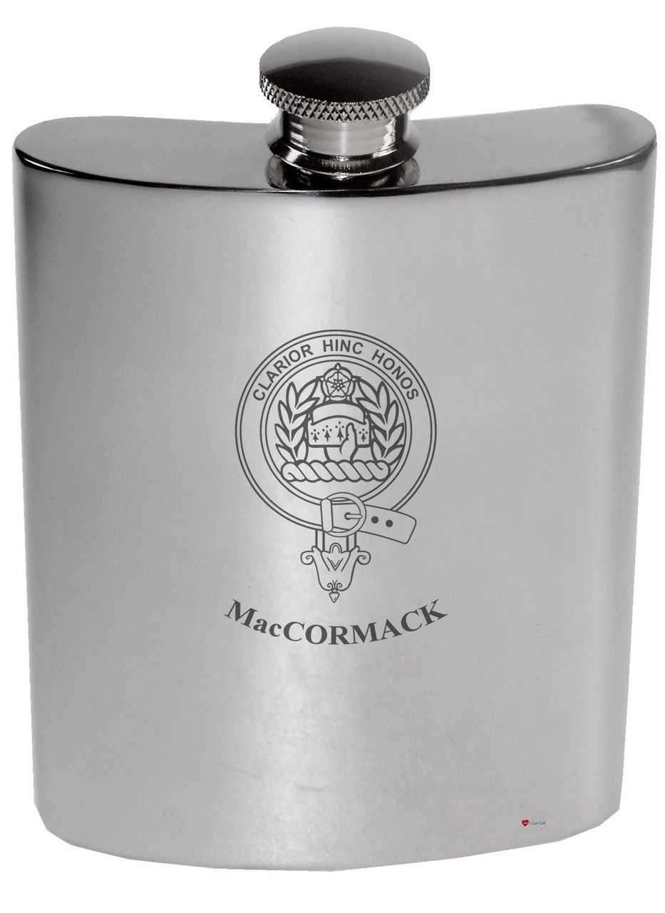 MacCormack Family Crest 6oz Polished Pewter Kidney Flask