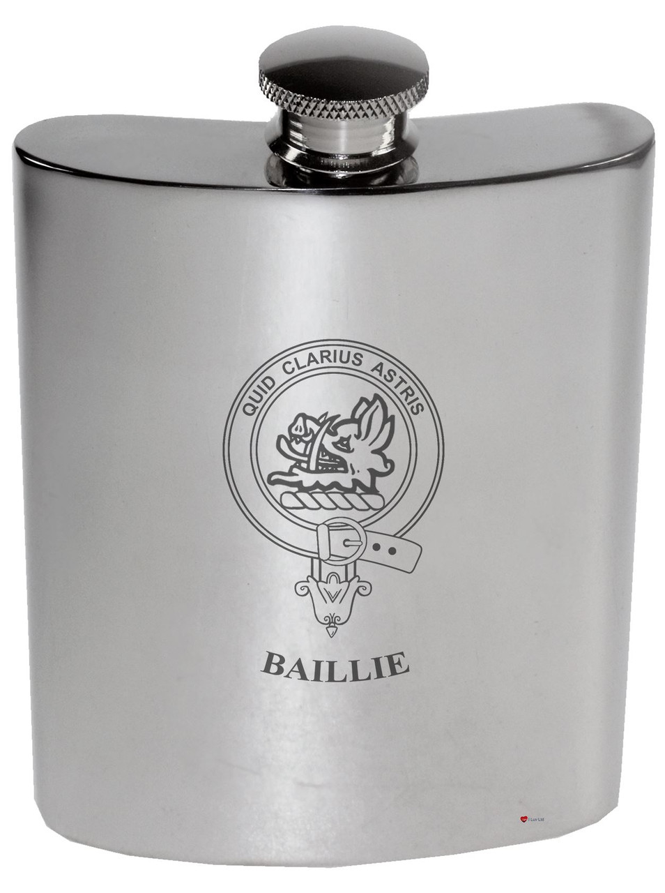 Baillie Family Crest 6oz Polished Pewter Kidney Flask