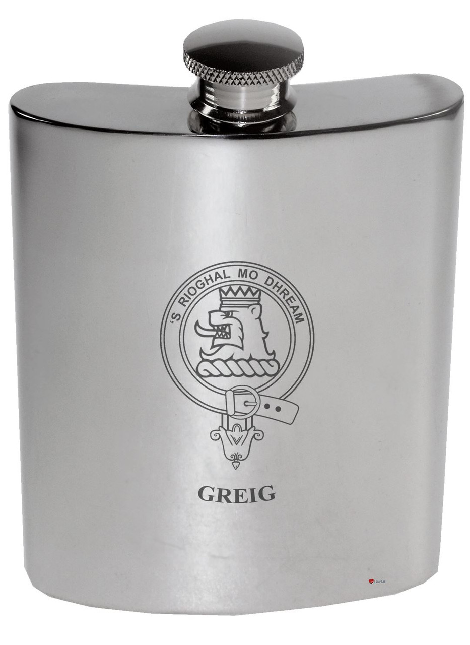 Greig Family Crest 6oz Polished Pewter Kidney Flask