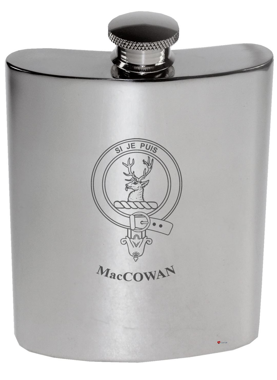 MacCowan Family Crest 6oz Polished Pewter Kidney Flask