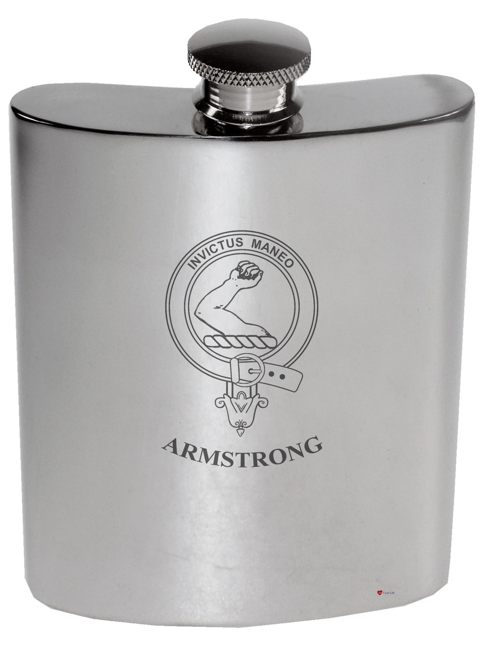 Armstrong Family Crest 6oz Polished Pewter Kidney Flask