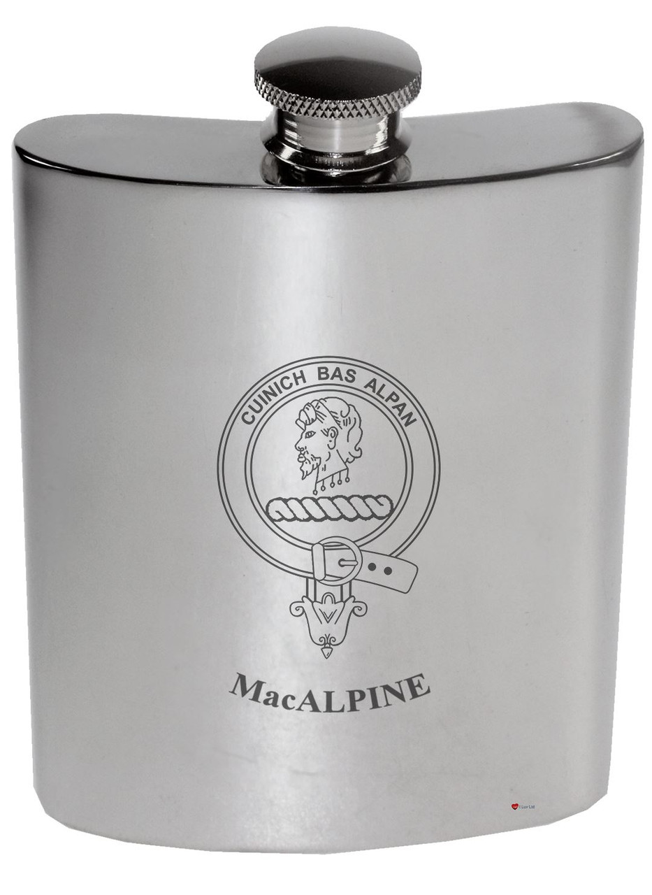 MacAlpine Family Crest 6oz Polished Pewter Kidney Flask