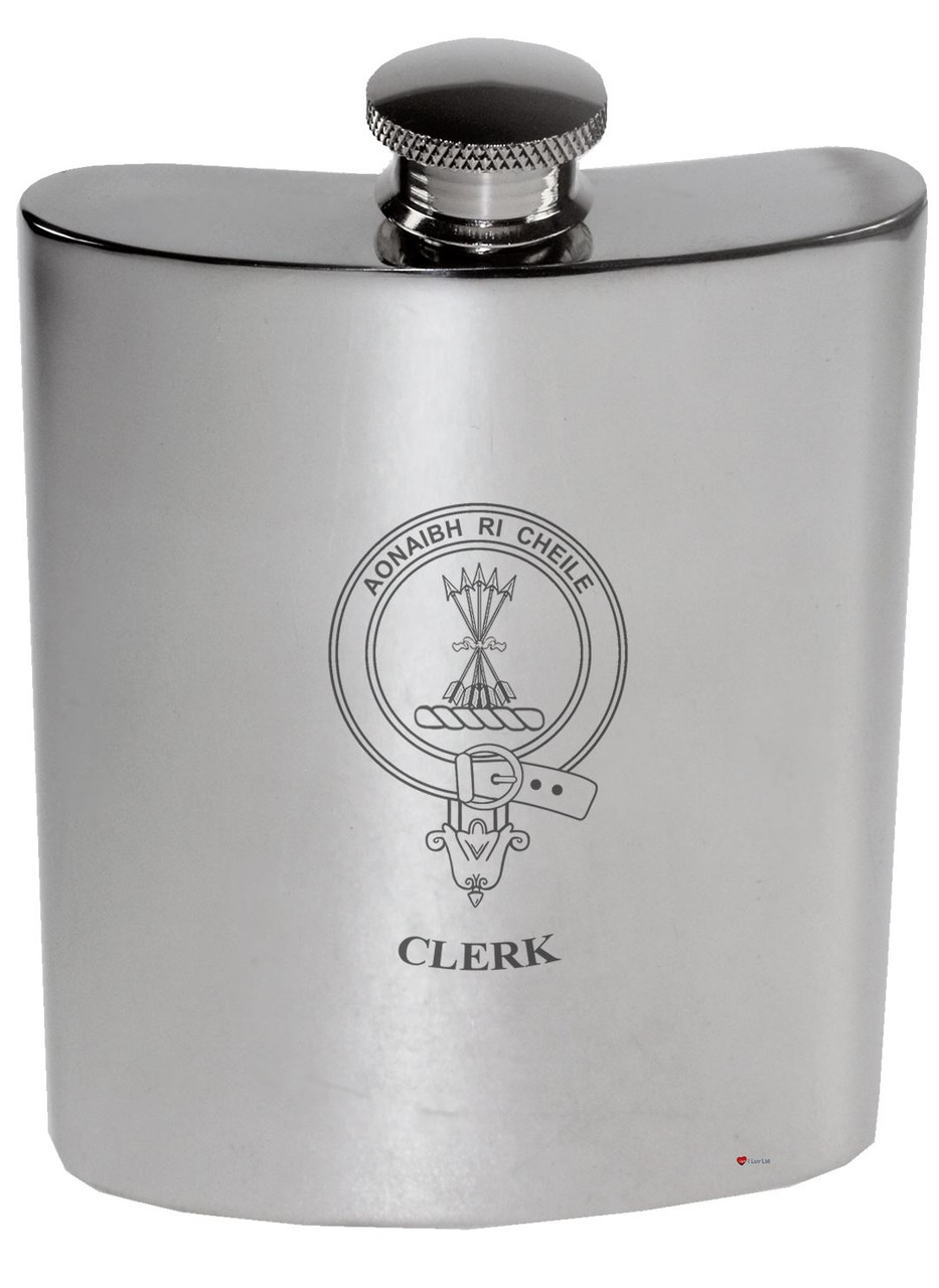 Clerk Family Crest 6oz Polished Pewter Kidney Flask