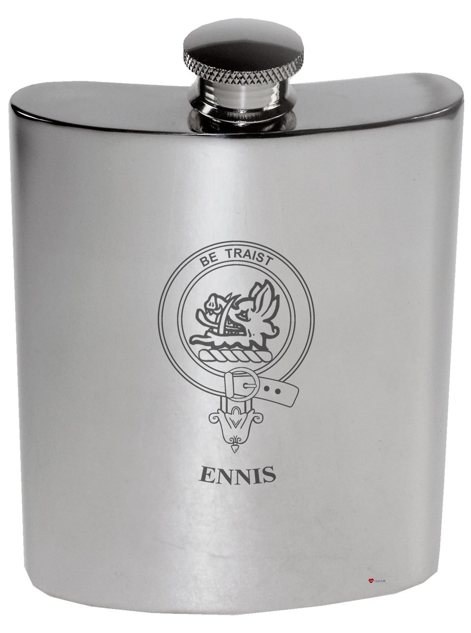 Ennis Family Crest 6oz Polished Pewter Kidney Flask
