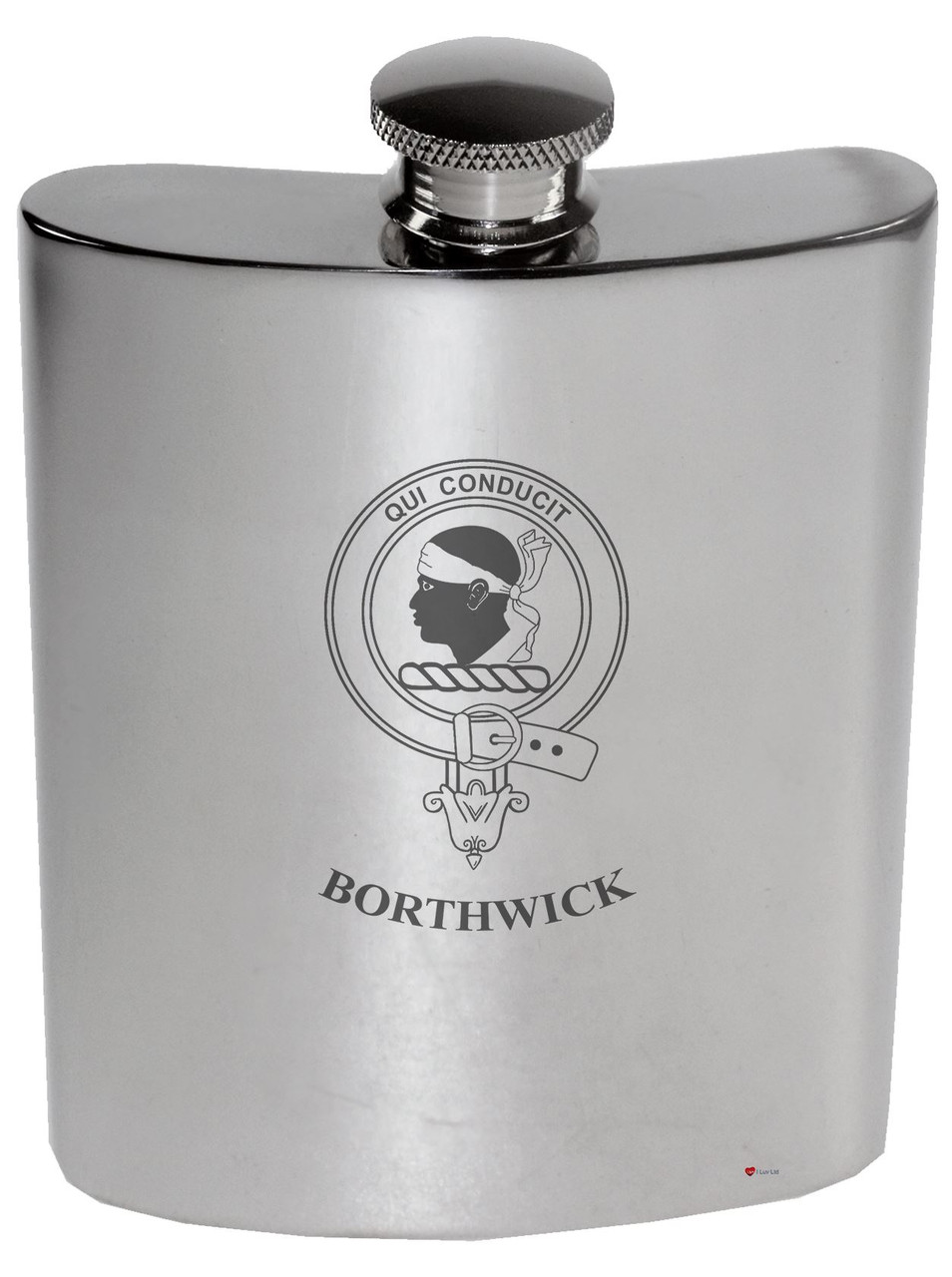 Borthwick Family Crest 6oz Polished Pewter Kidney Flask