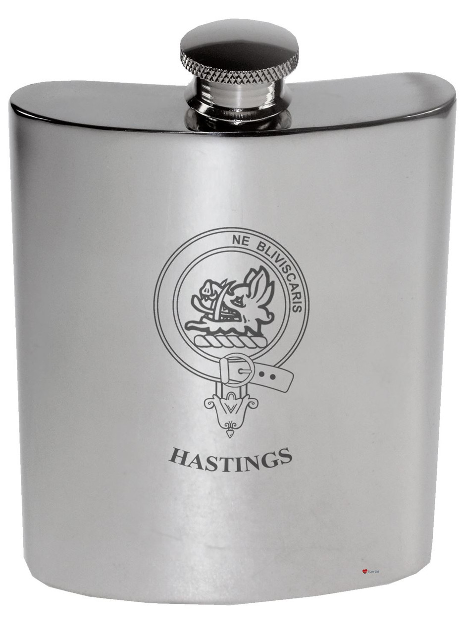 Hastings Family Crest 6oz Polished Pewter Kidney Flask