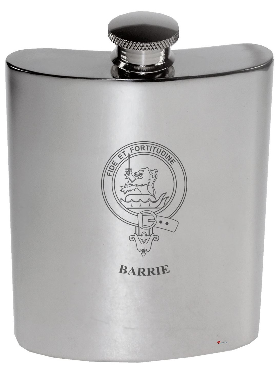 Barrie Family Crest 6oz Polished Pewter Kidney Flask