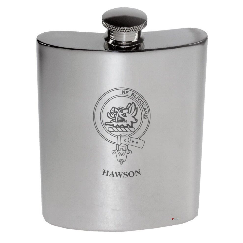 Hawson Family Crest 6oz Polished Pewter Kidney Flask