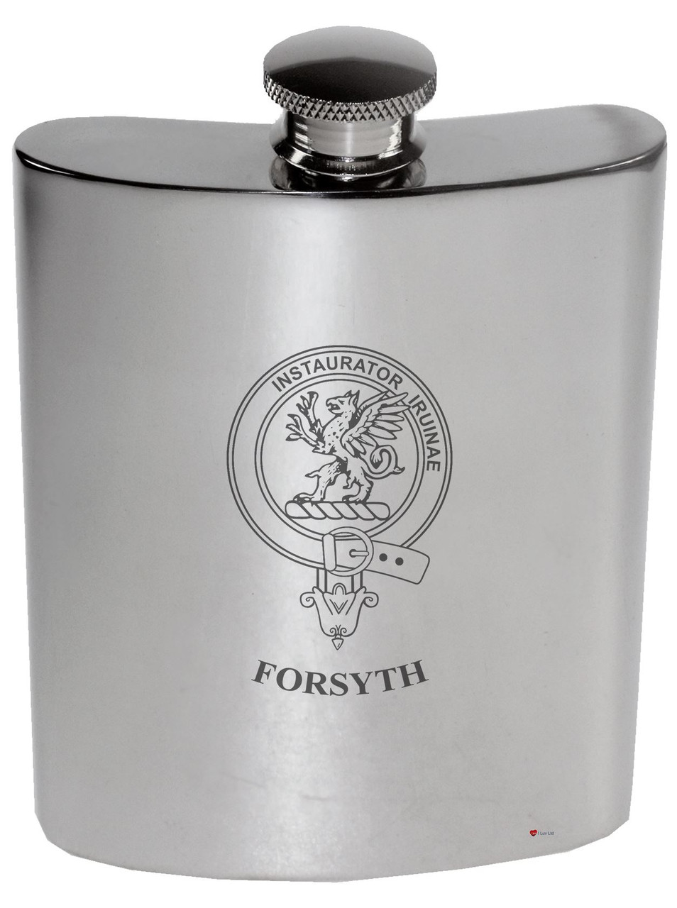 Forsyth Family Crest 6oz Polished Pewter Kidney Flask