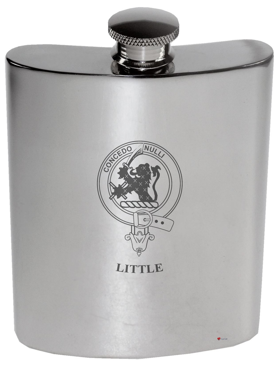 Little Family Crest 6oz Polished Pewter Kidney Flask
