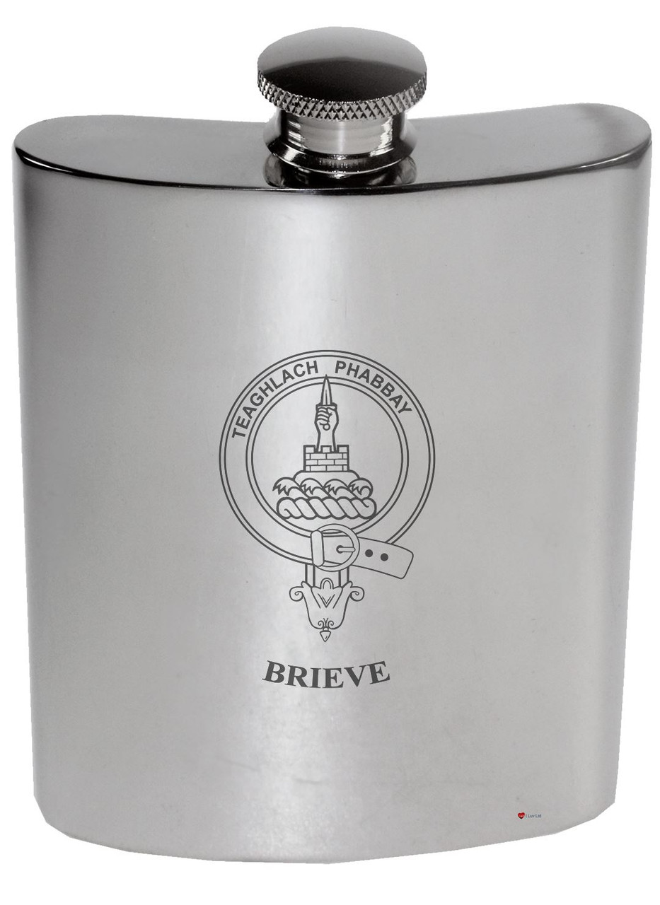 Brieve Family Crest 6oz Polished Pewter Kidney Flask