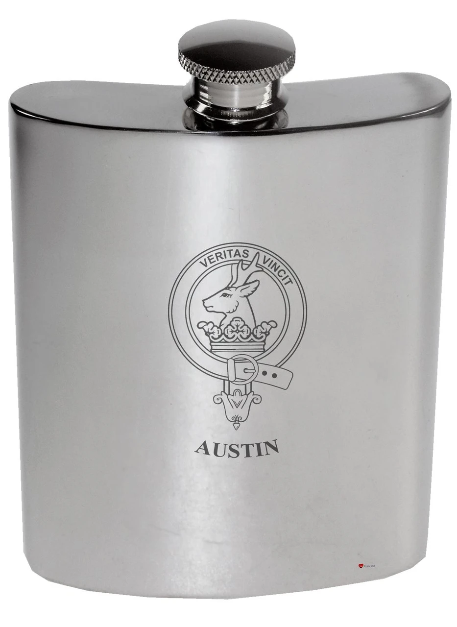 Austin Family Crest 6oz Polished Pewter Kidney Flask