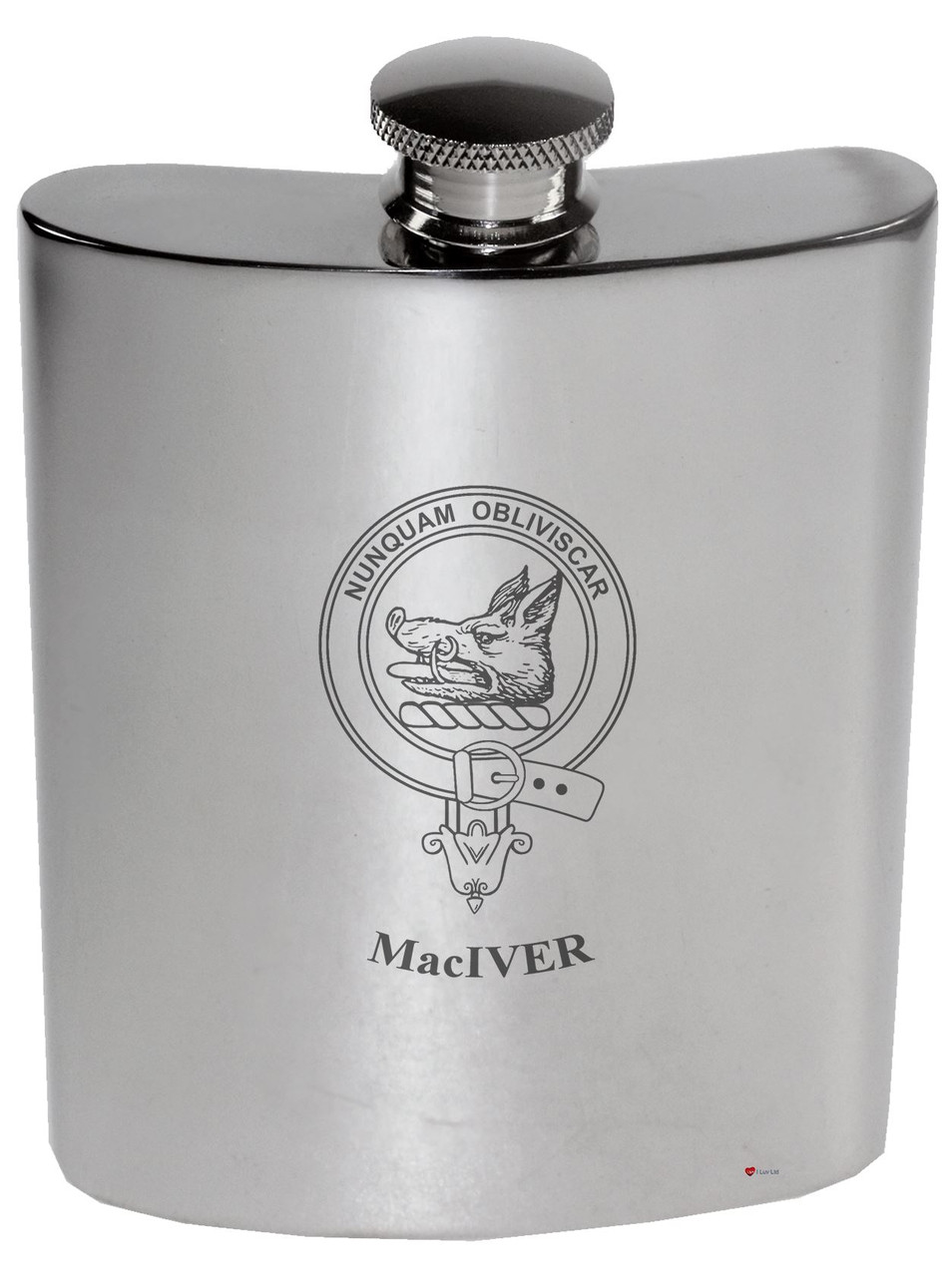 MacIver Family Crest 6oz Polished Pewter Kidney Flask