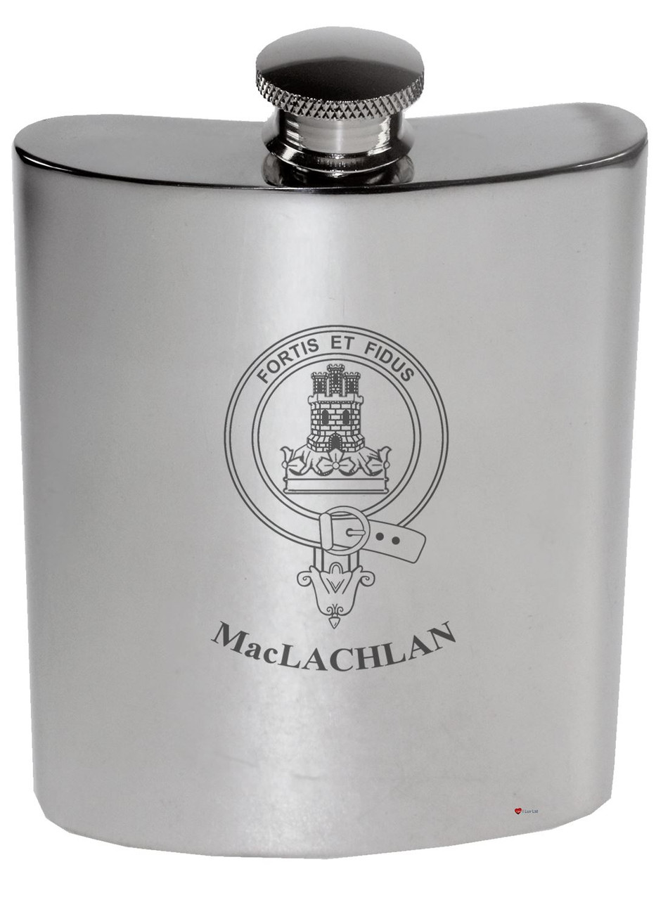 MacLachlan Family Crest 6oz Polished Pewter Kidney Flask