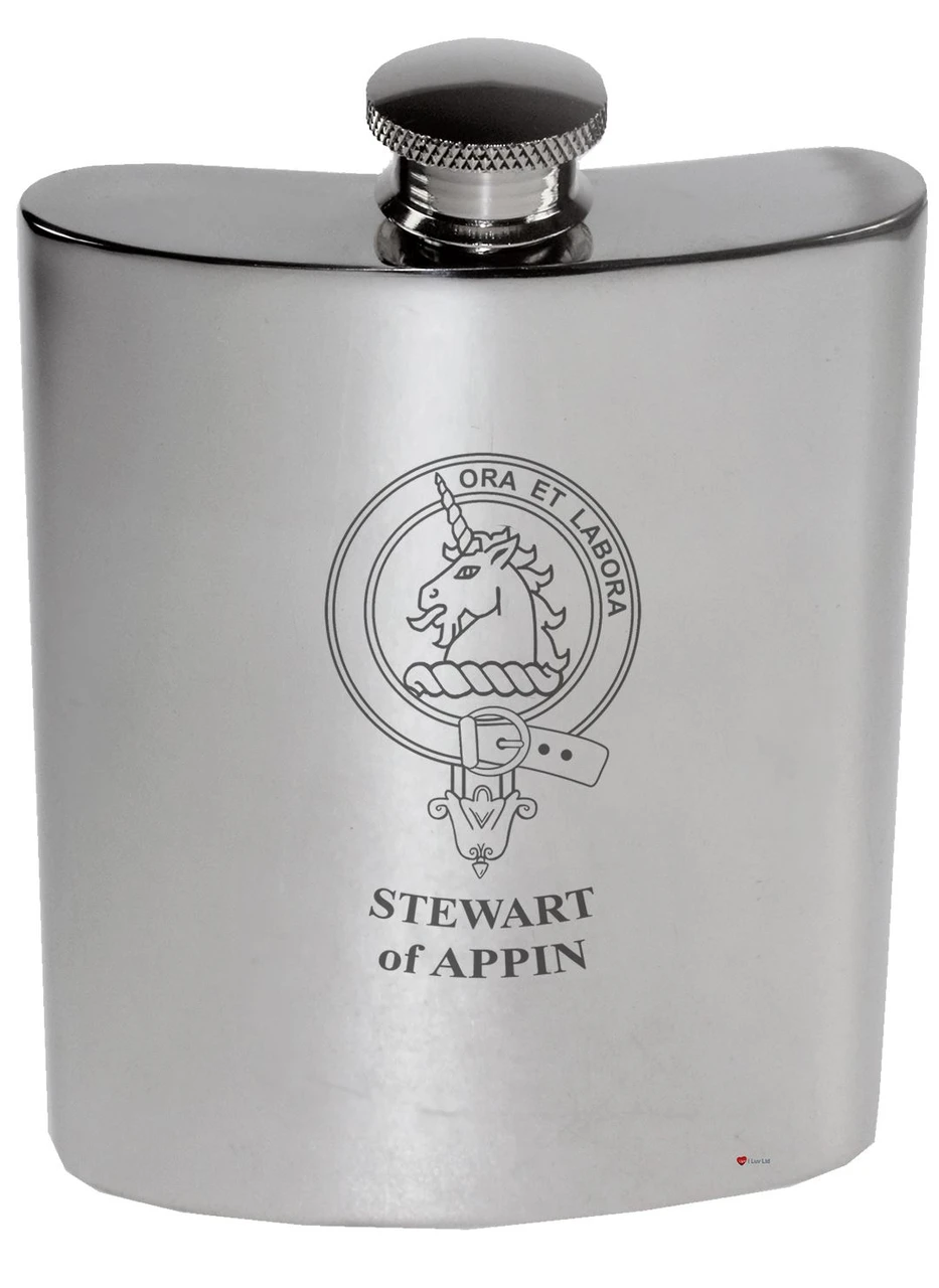Stewart of Appin Family Crest 6oz Polished Pewter Kidney Flask