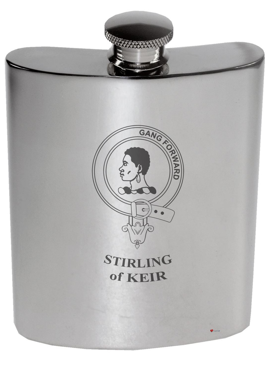 Stirling of Keir Family Crest 6oz Polished Pewter Kidney Flask