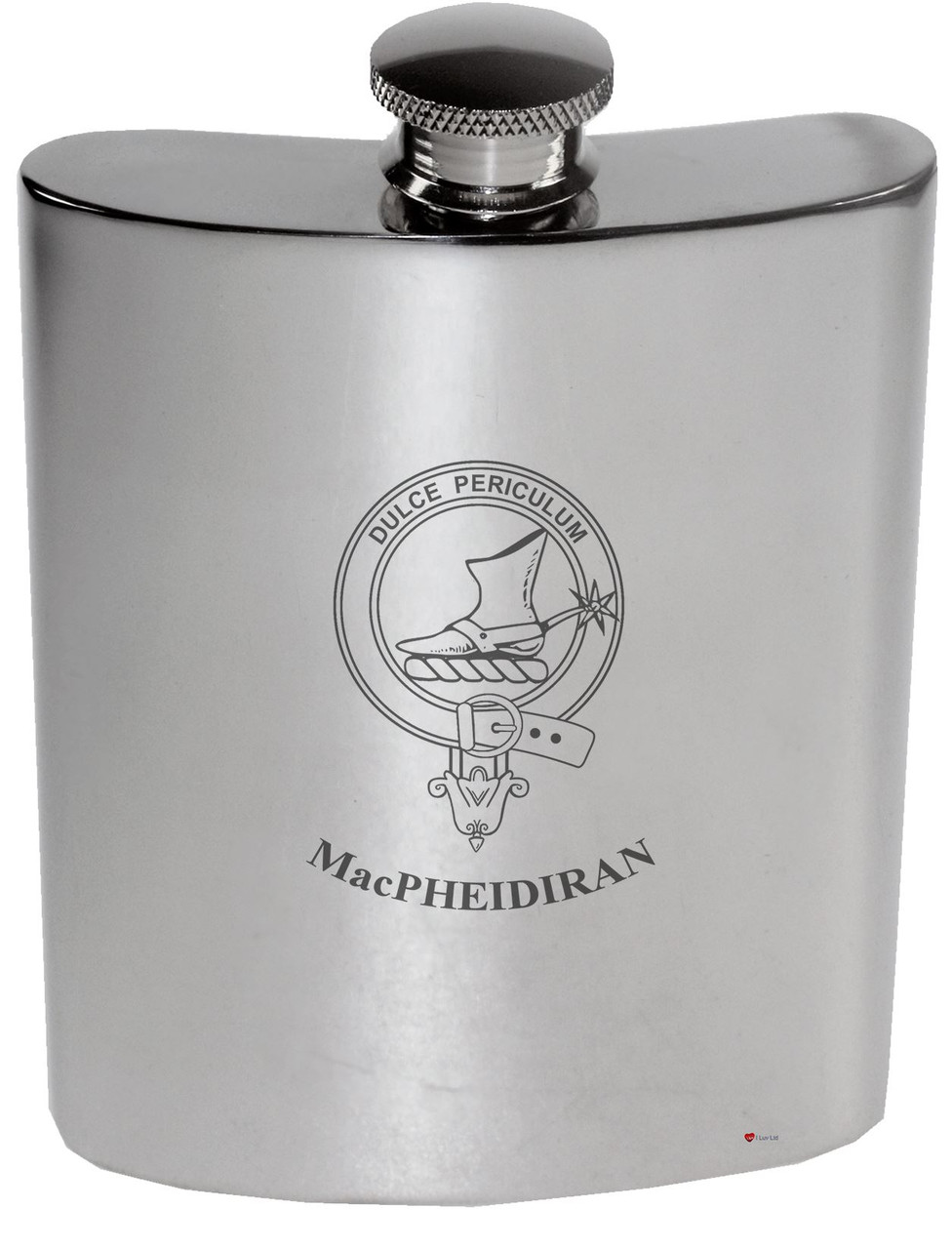 MacPheidiran Family Crest 6oz Polished Pewter Kidney Flask
