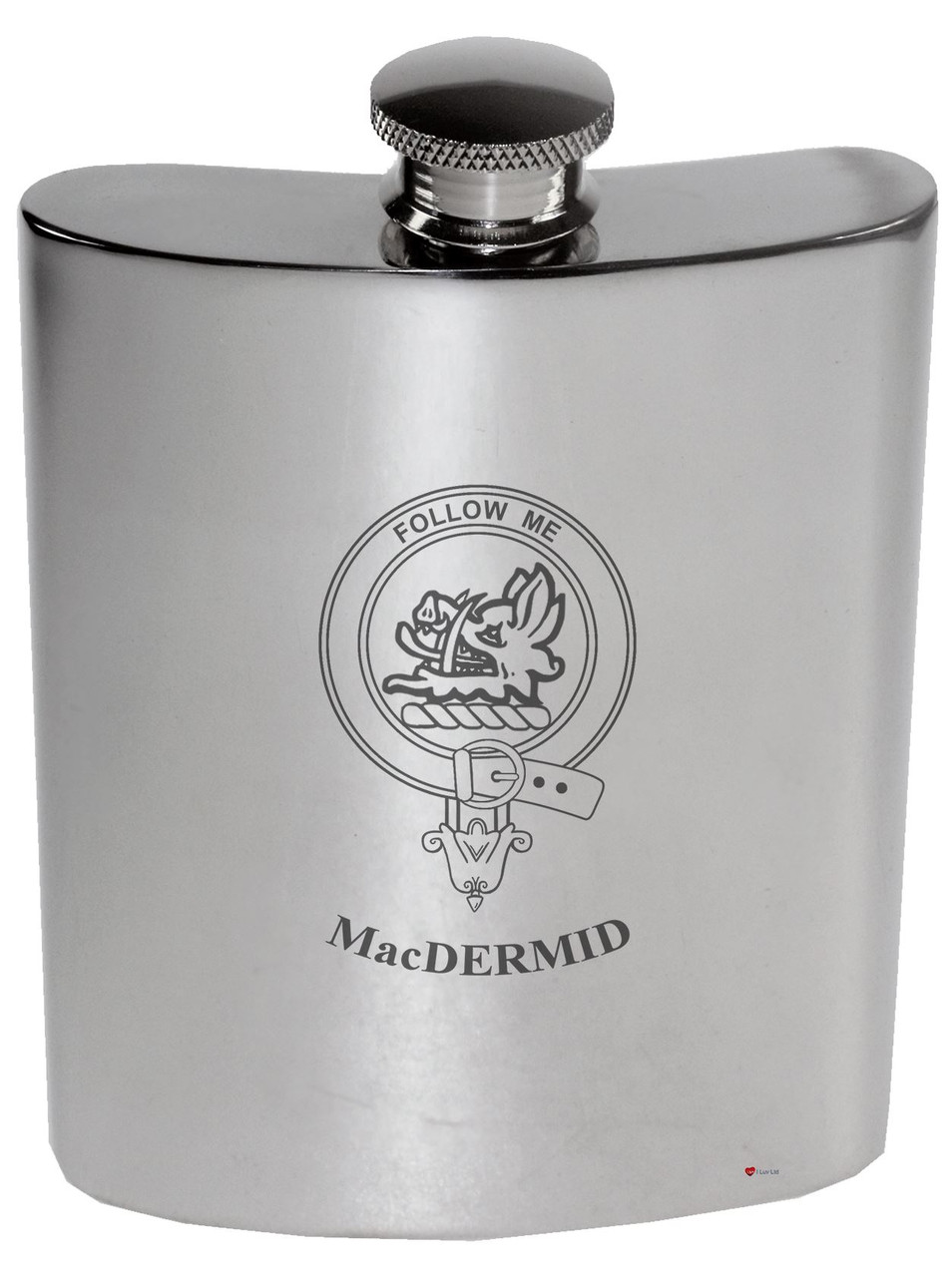 MacDermid Family Crest 6oz Polished Pewter Kidney Flask