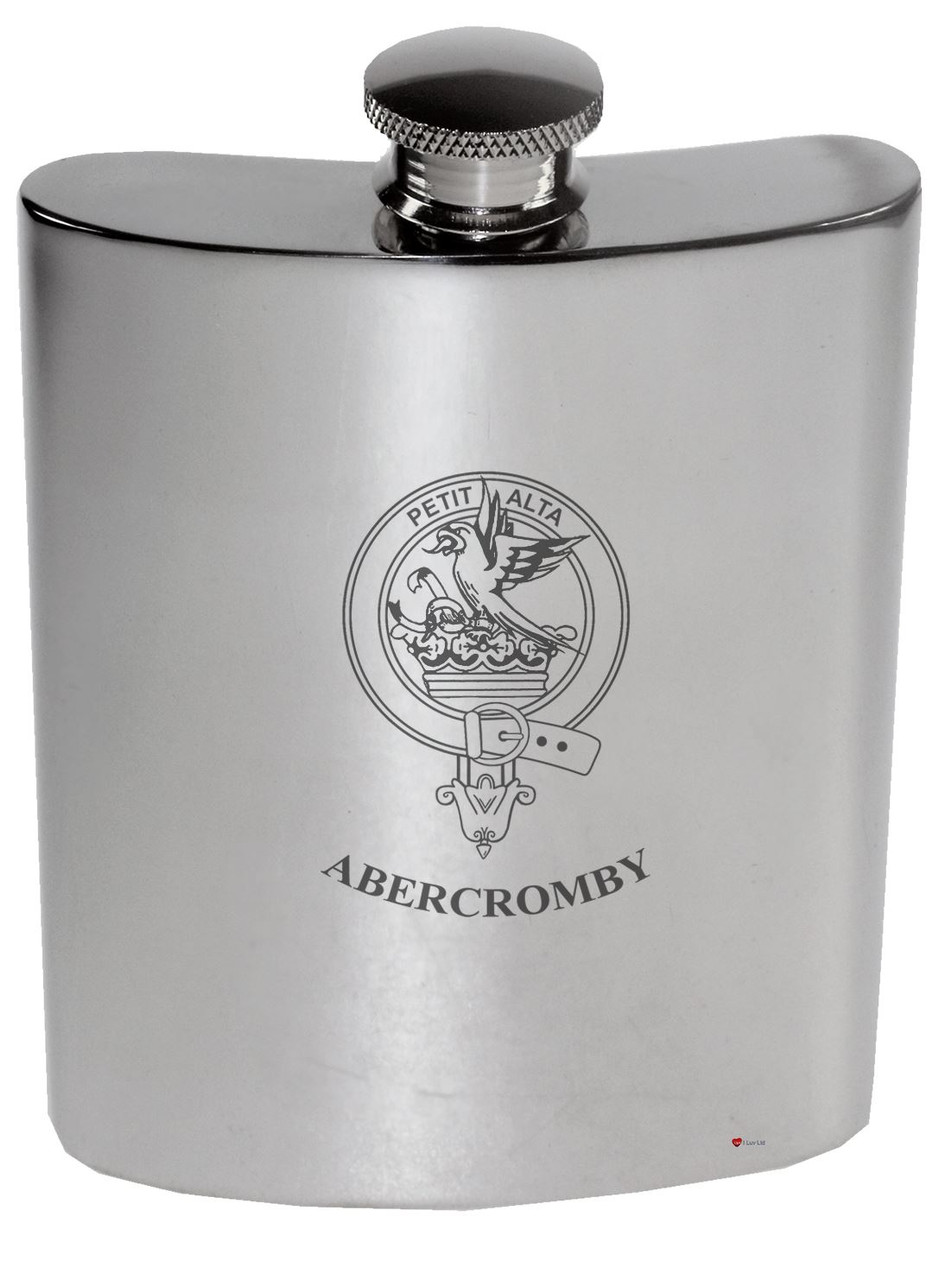 Abercromby Family Crest 6oz Polished Pewter Kidney Flask