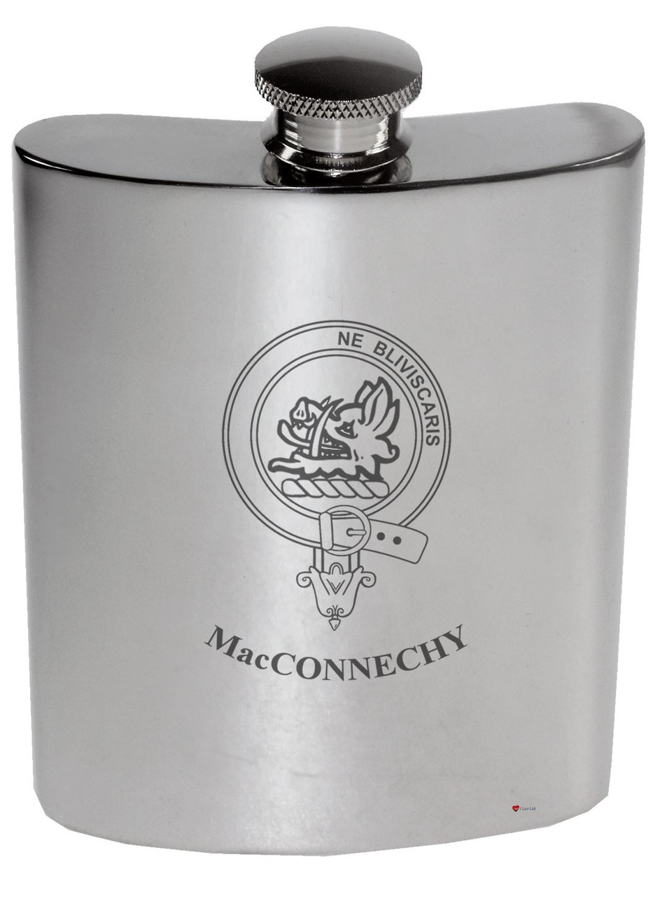 MacConnechy Family Crest 6oz Polished Pewter Kidney Flask