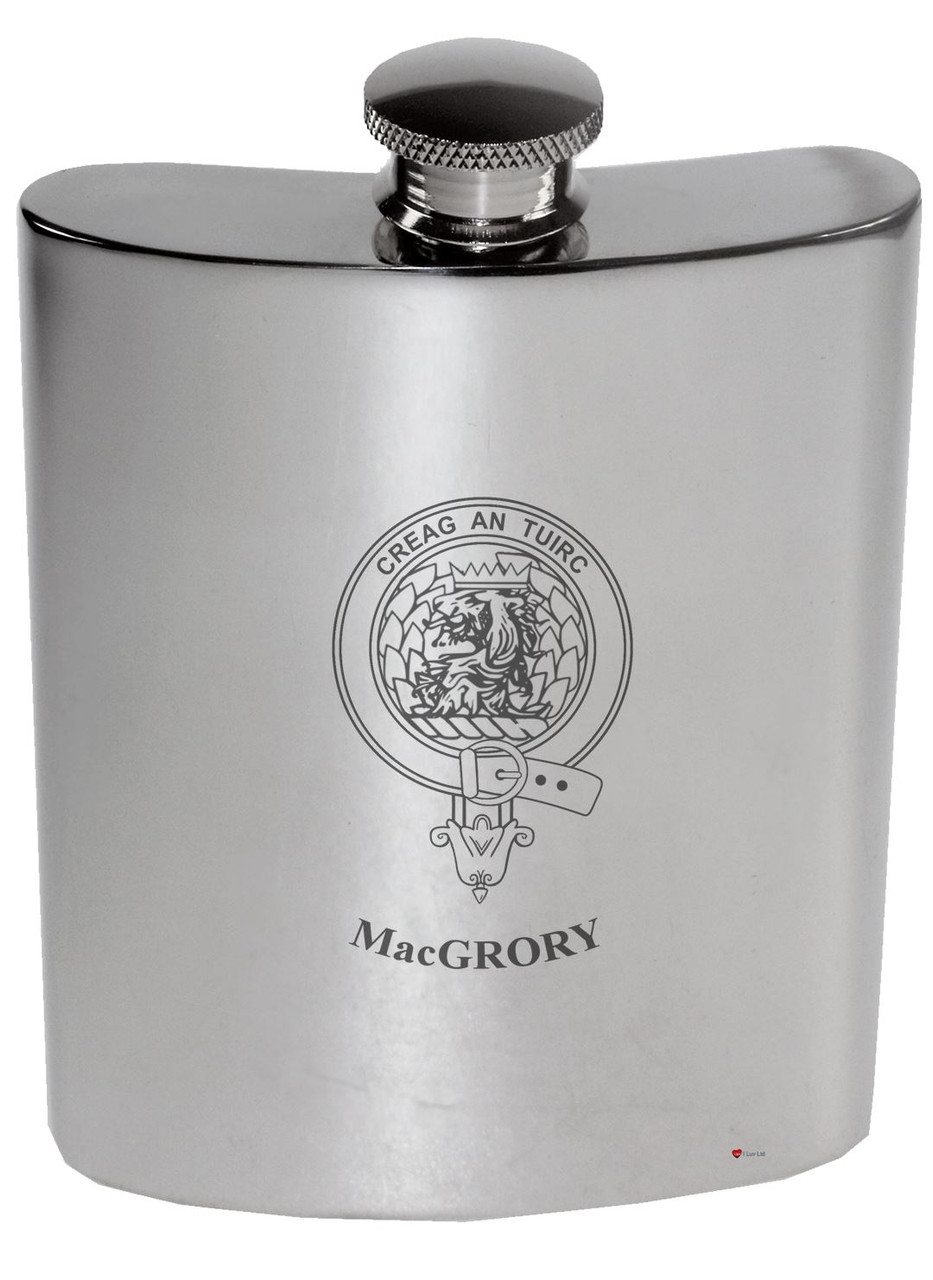 MacGrory Family Crest 6oz Polished Pewter Kidney Flask