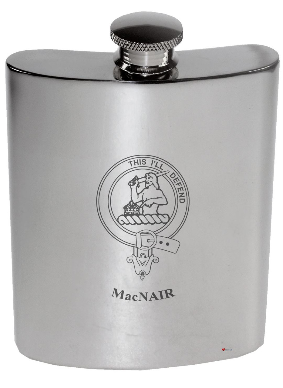 MacNair Family Crest 6oz Polished Pewter Kidney Flask