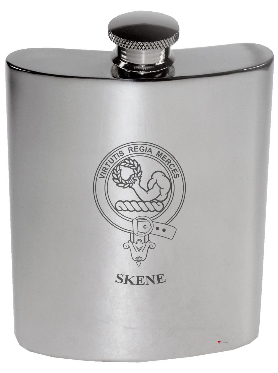 Skene Family Crest 6oz Polished Pewter Kidney Flask