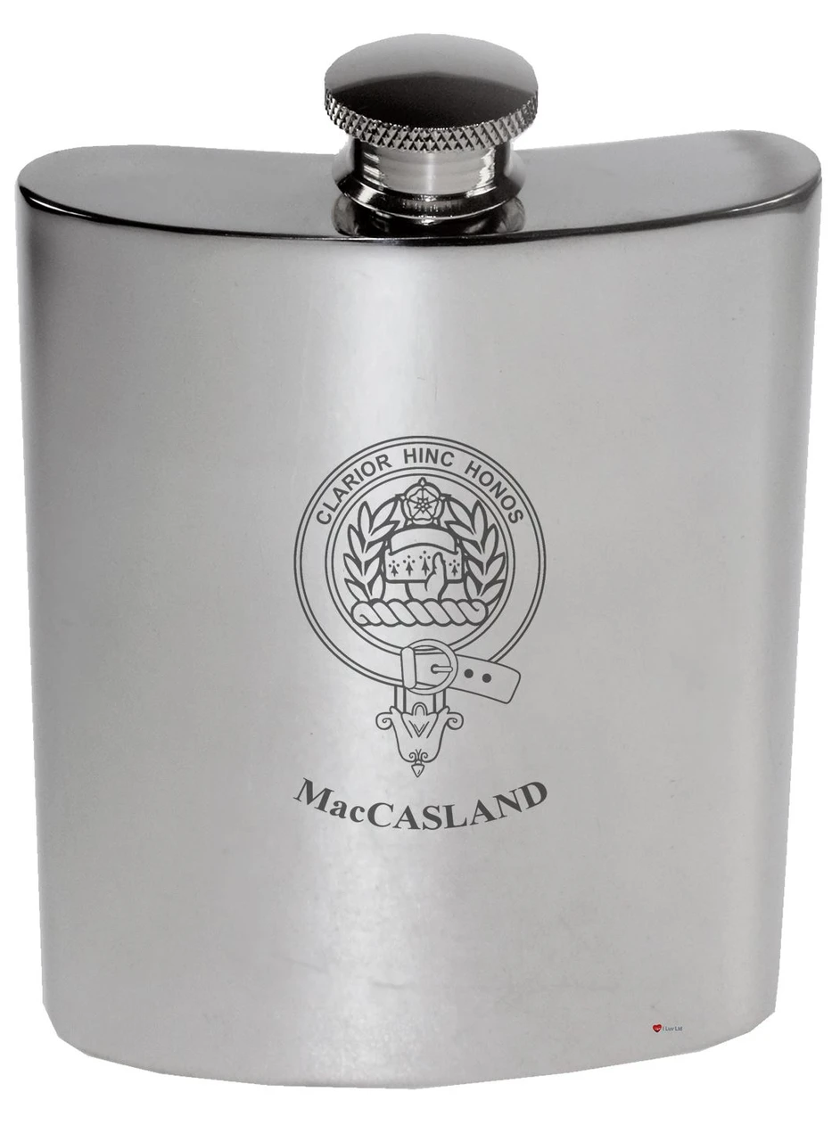 MacCasland Family Crest 6oz Polished Pewter Kidney Flask