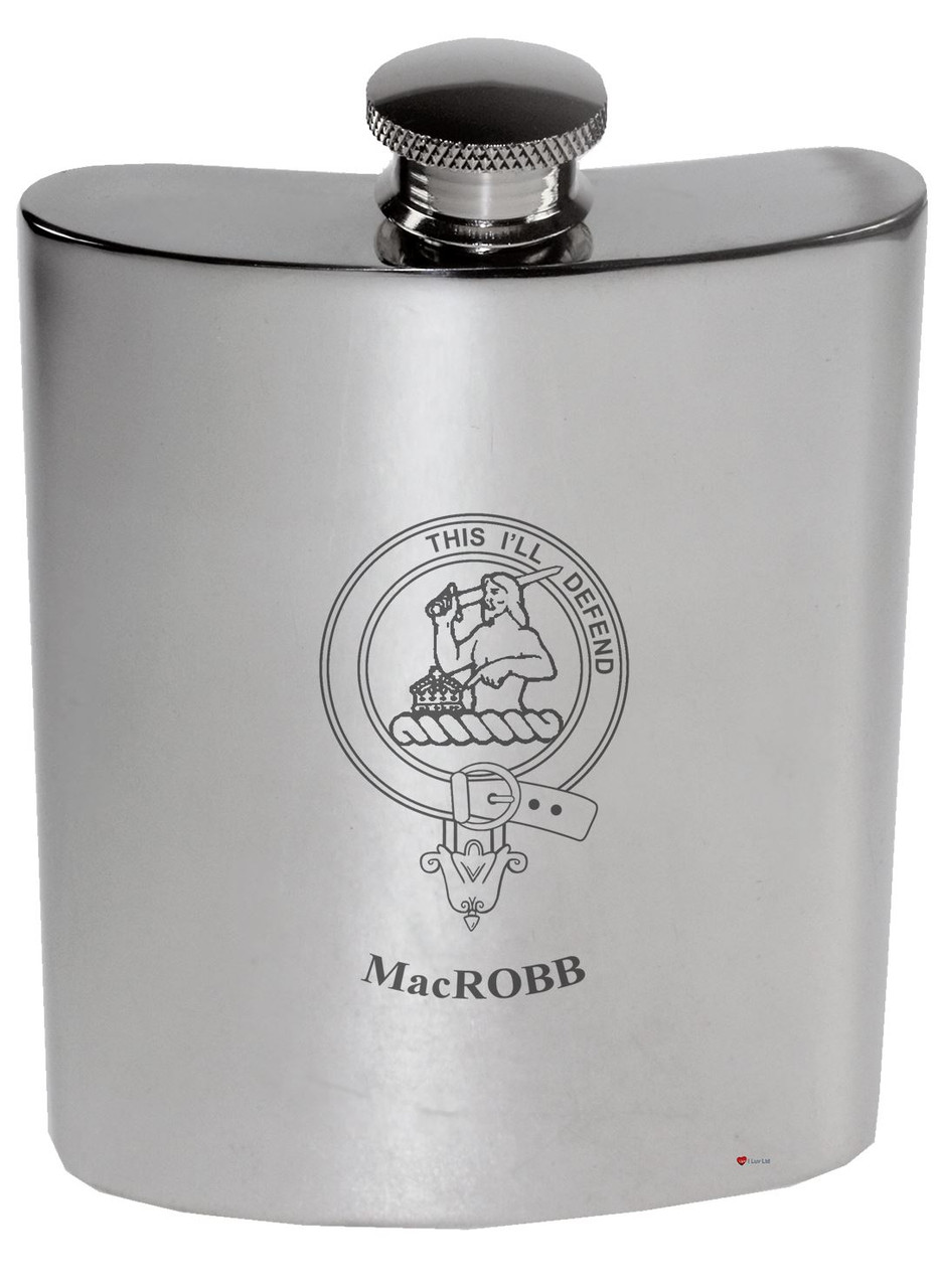 MacRobb Family Crest 6oz Polished Pewter Kidney Flask