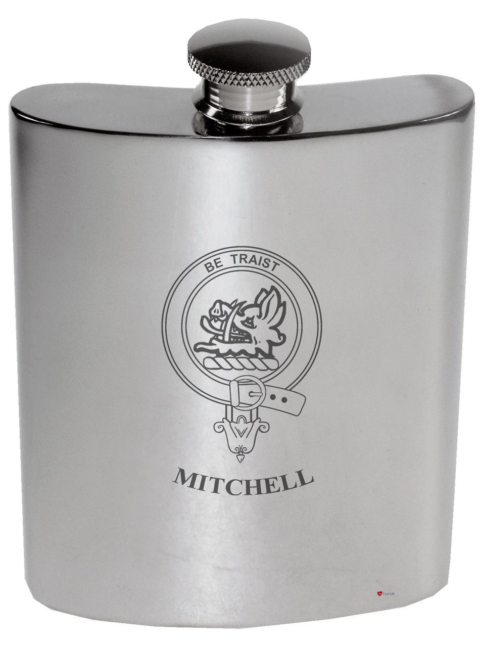 Mitchell Family Crest 6oz Polished Pewter Kidney Flask