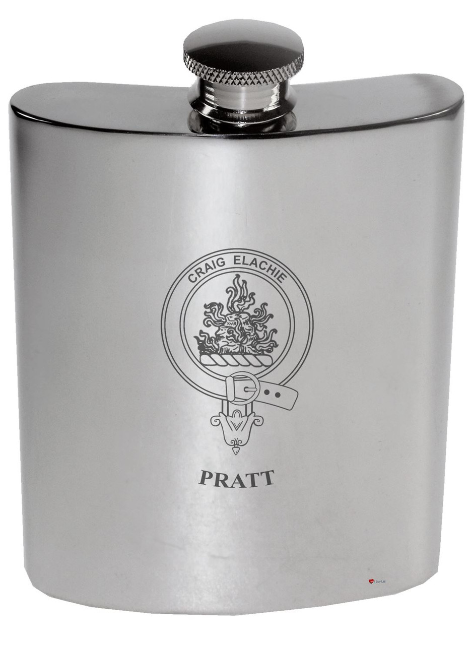 Pratt Family Crest 6oz Polished Pewter Kidney Flask