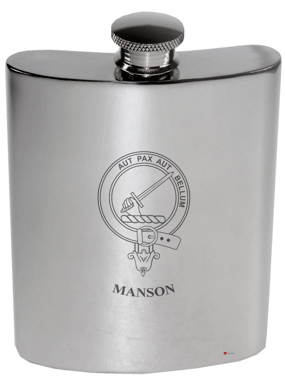 Manson Family Crest 6oz Polished Pewter Kidney Flask