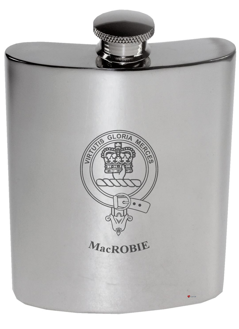 MacRobie Family Crest 6oz Polished Pewter Kidney Flask
