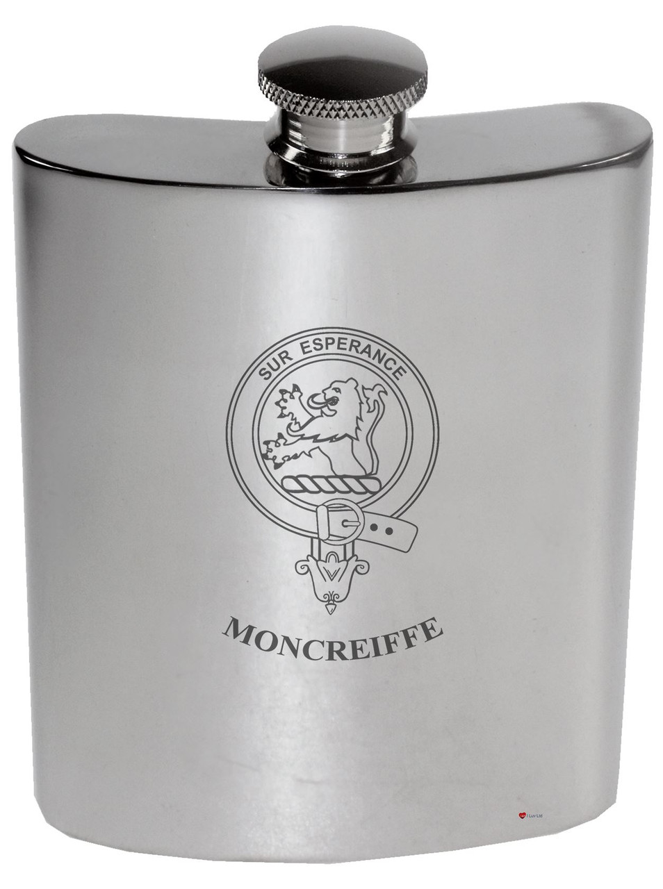 Moncreiffe Family Crest 6oz Polished Pewter Kidney Flask