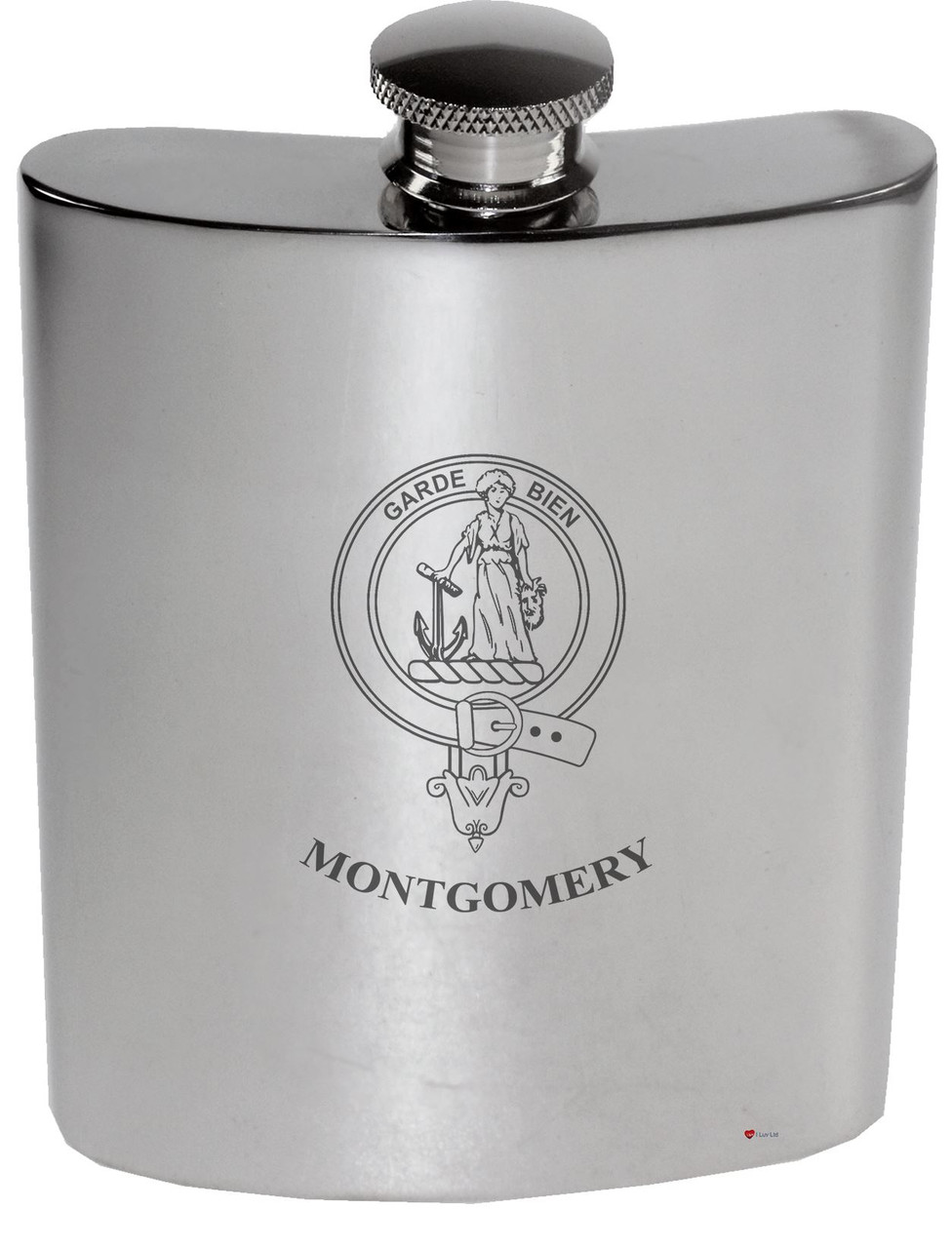 Montgomery Family Crest 6oz Polished Pewter Kidney Flask