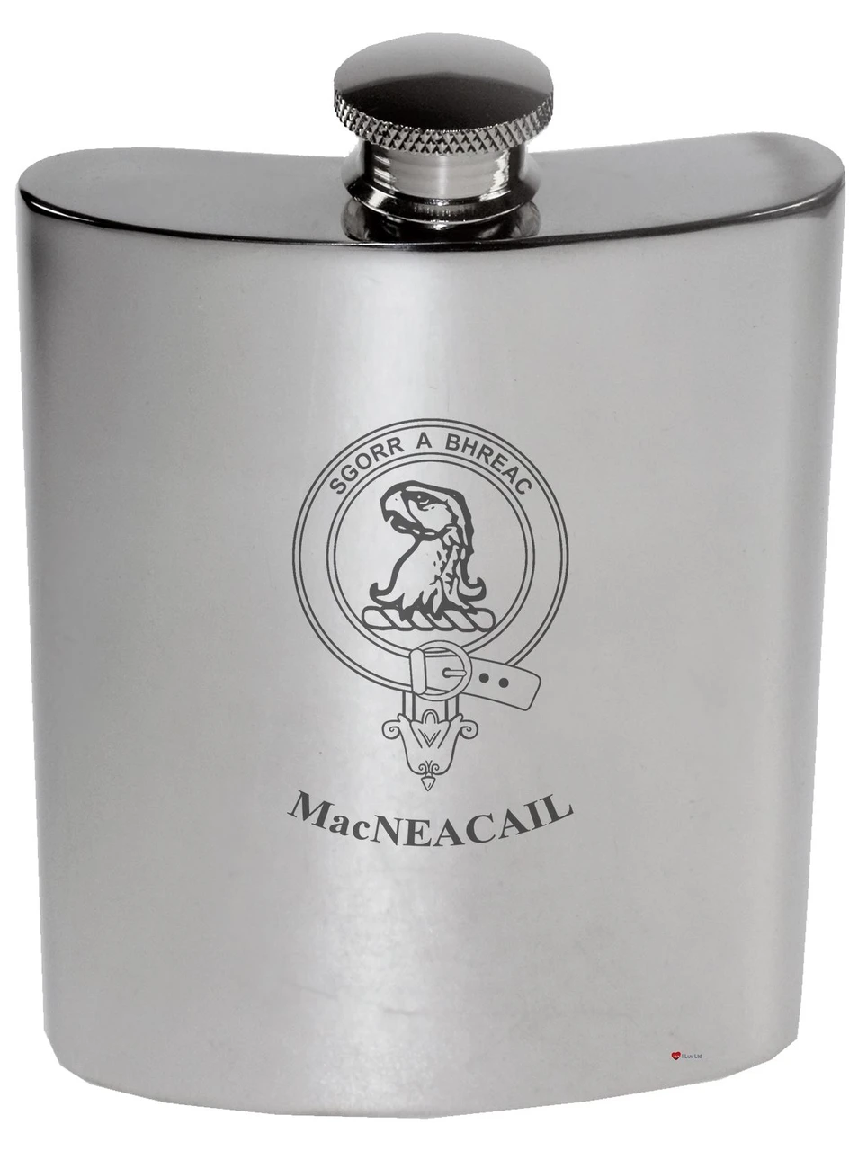 MacNeacail Family Crest 6oz Polished Pewter Kidney Flask