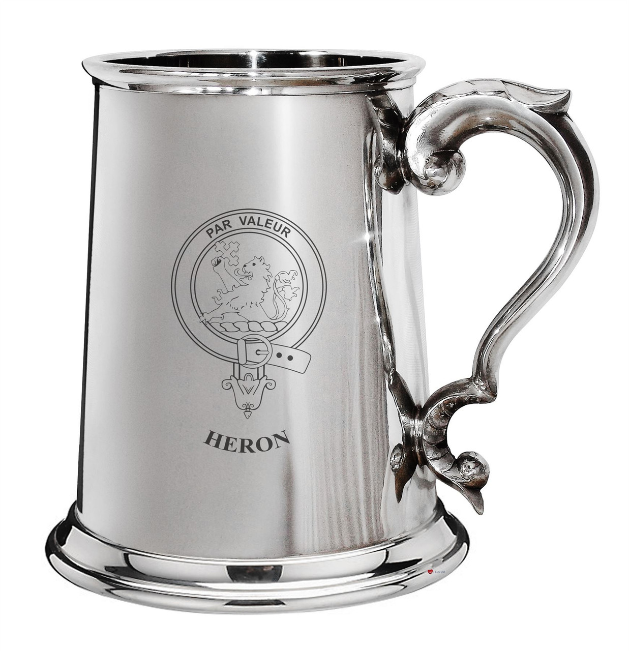 Heron Family Crest Polished Pewter 1 Pint Tankard with Scroll handle
