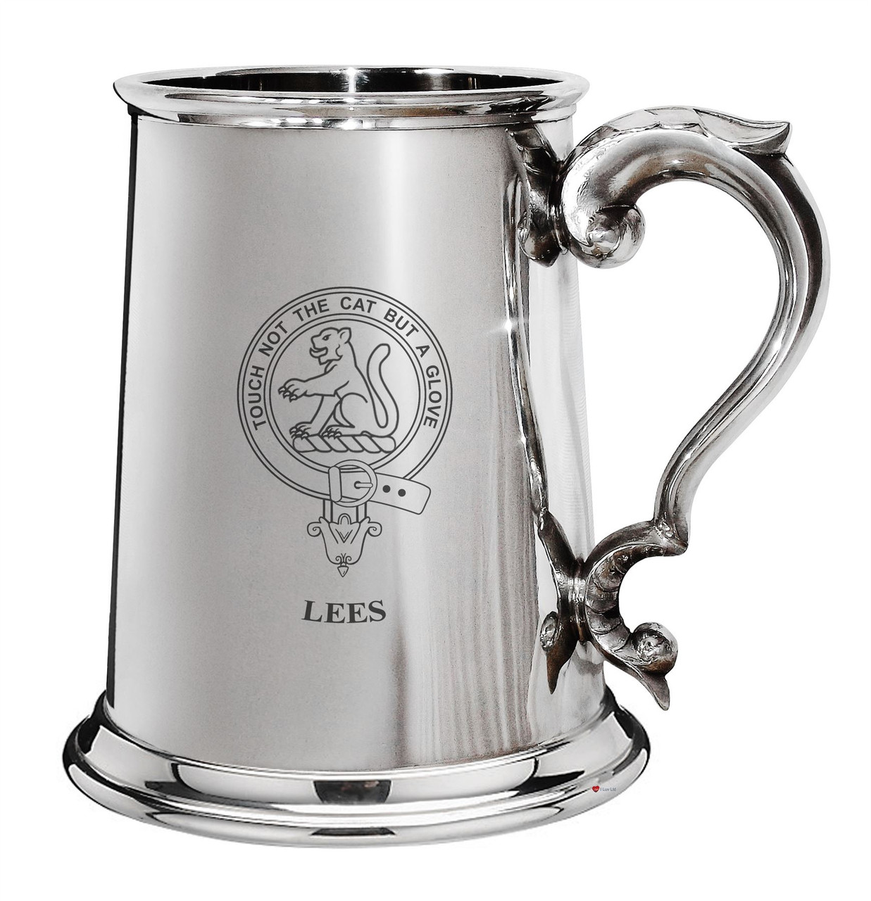Lees Family Crest Polished Pewter 1 Pint Tankard with Scroll handle