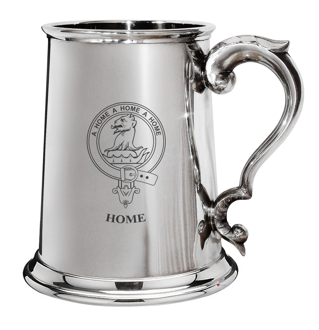 Home Family Crest Polished Pewter 1 Pint Tankard with Scroll handle