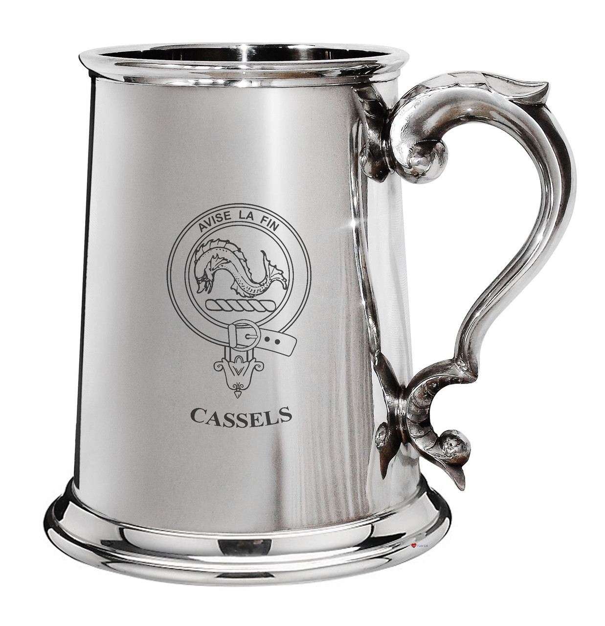 Cassels Family Crest Polished Pewter 1 Pint Tankard with Scroll handle