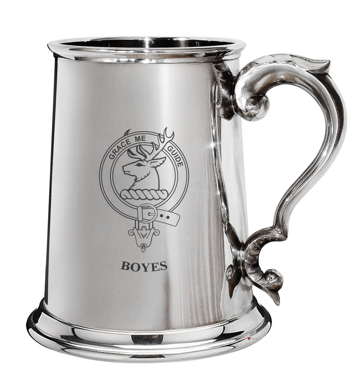 Boyes Family Crest Polished Pewter 1 Pint Tankard with Scroll handle