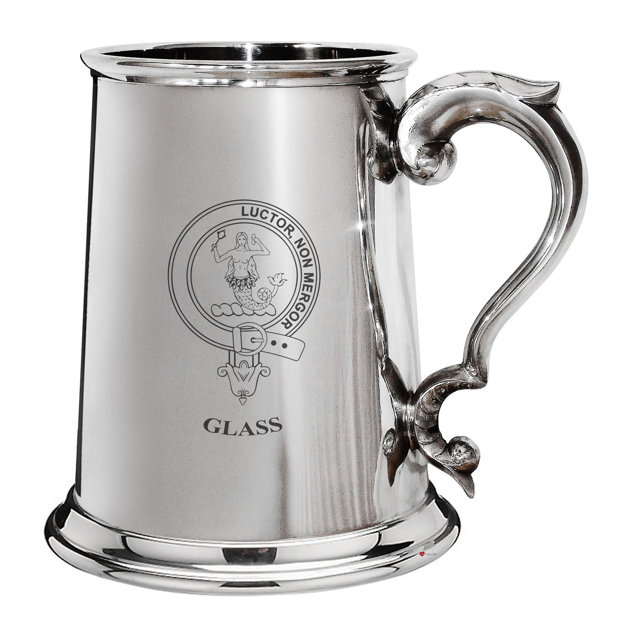 Glass Family Crest Polished Pewter 1 Pint Tankard with Scroll handle