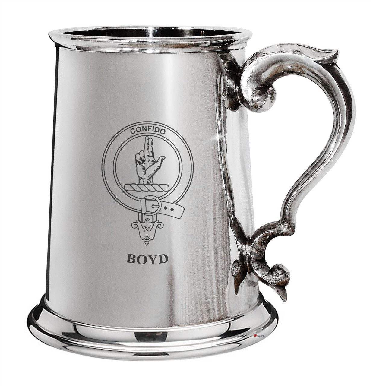 Boyd Family Crest Polished Pewter 1 Pint Tankard with Scroll handle