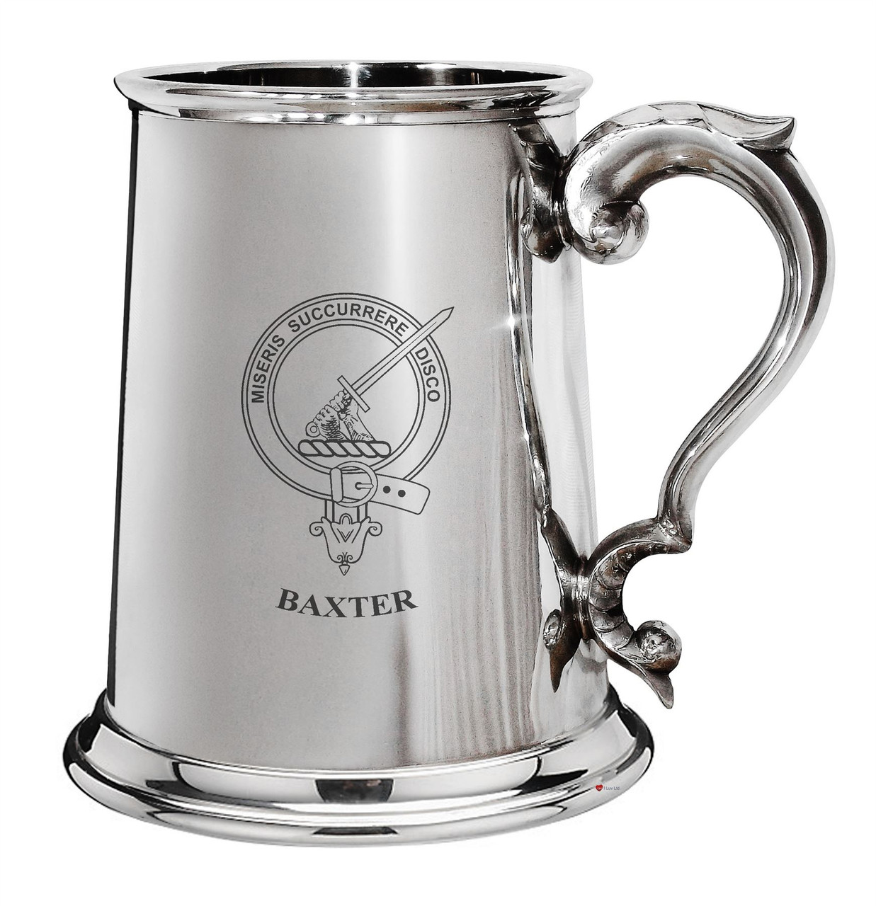 Baxter Family Crest Polished Pewter 1 Pint Tankard with Scroll handle