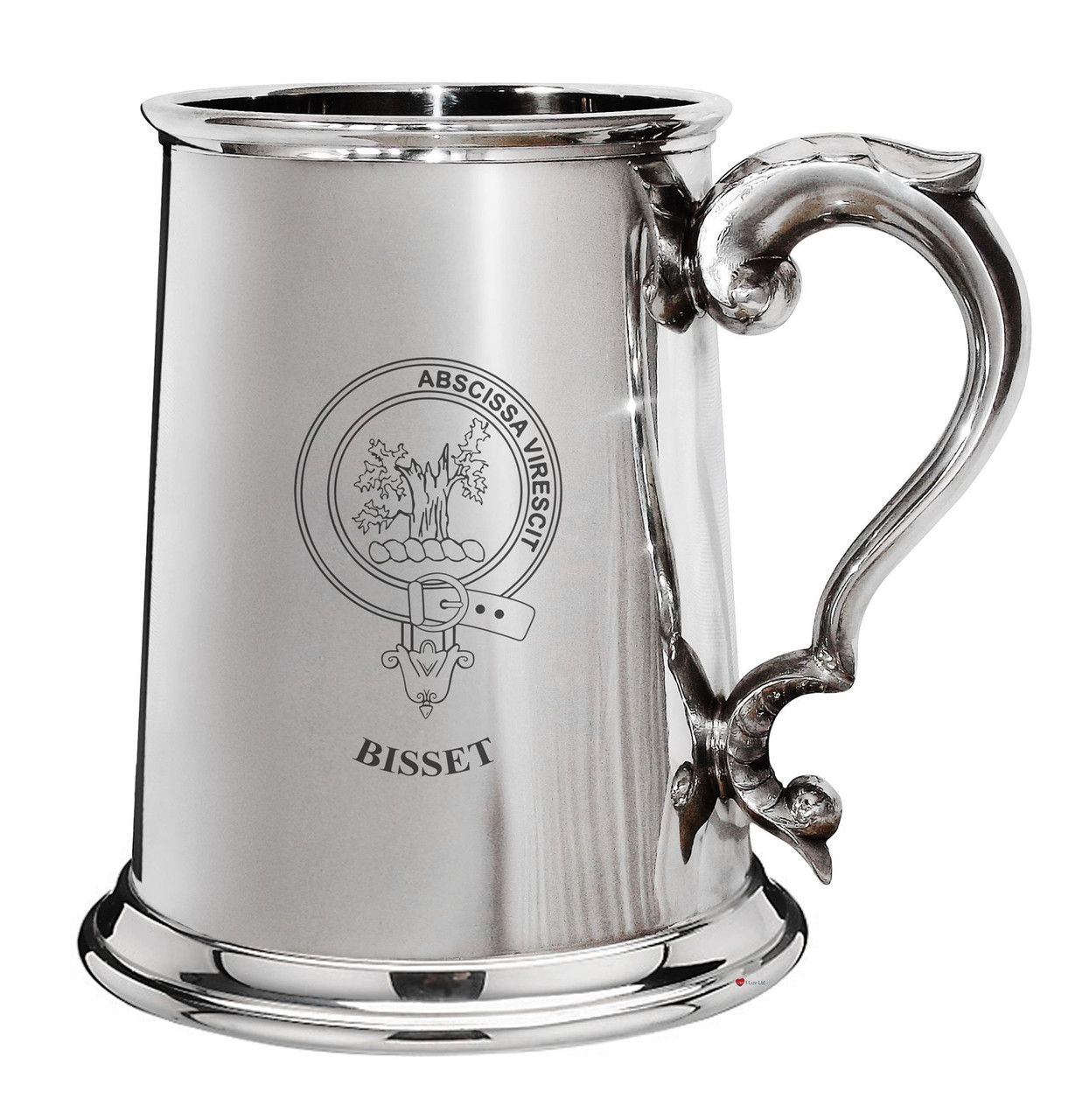 Bisset Family Crest Polished Pewter 1 Pint Tankard with Scroll handle
