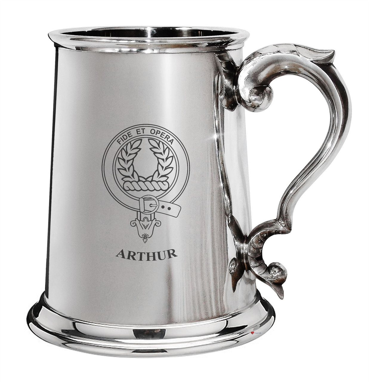 Arthur Family Crest Polished Pewter 1 Pint Tankard with Scroll handle