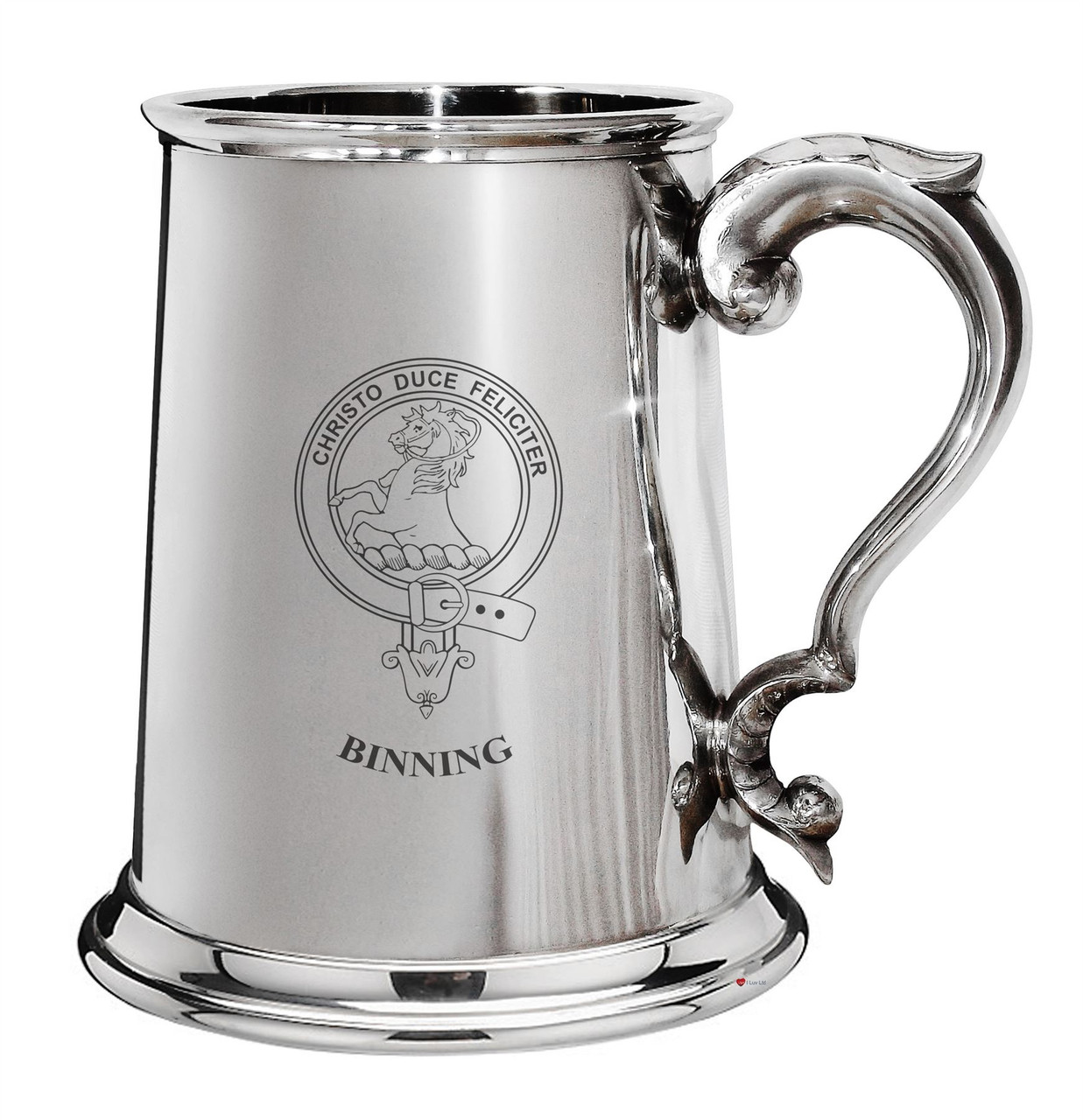 Binning Family Crest Polished Pewter 1 Pint Tankard with Scroll handle