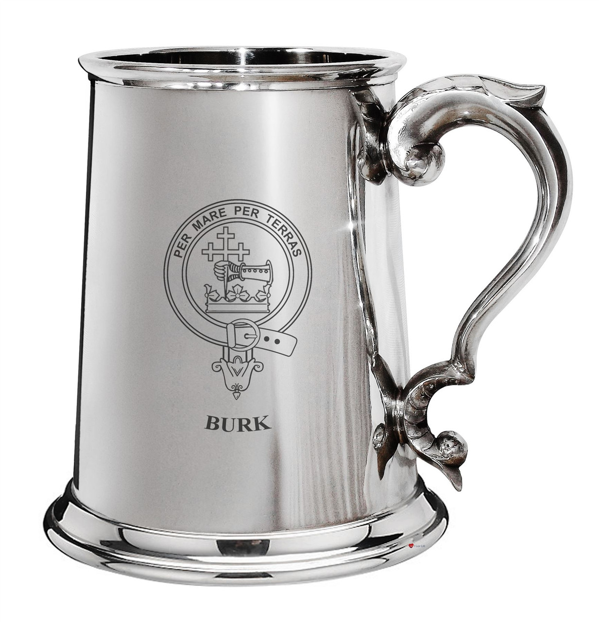 Burk Family Crest Polished Pewter 1 Pint Tankard with Scroll handle