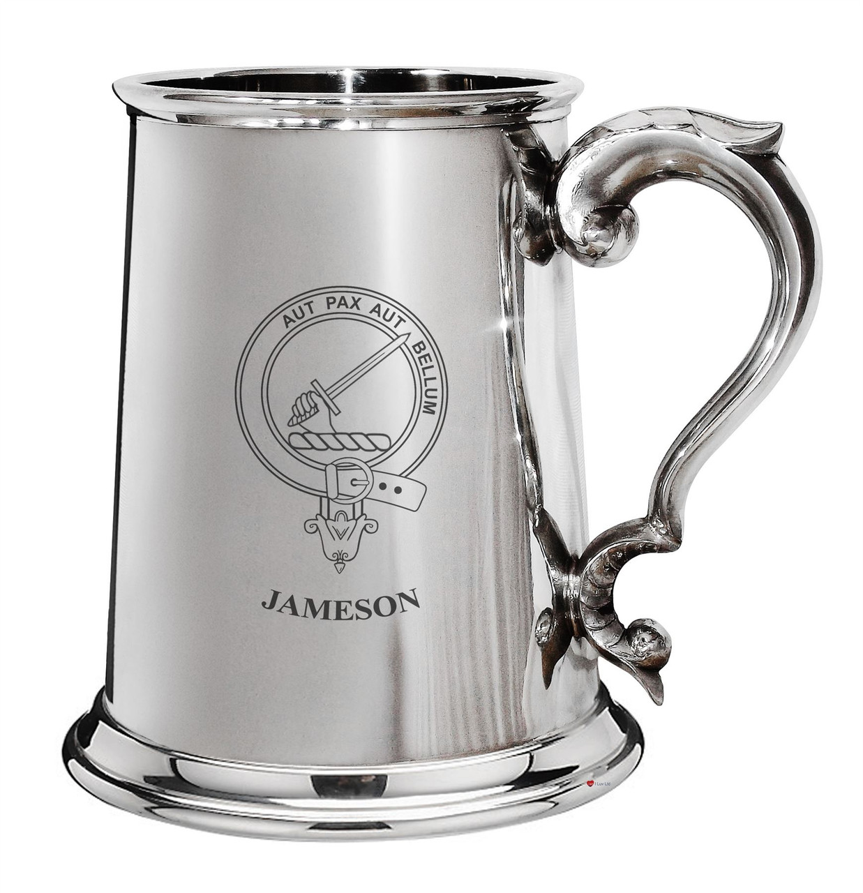 Jameson Family Crest Polished Pewter 1 Pint Tankard with Scroll handle